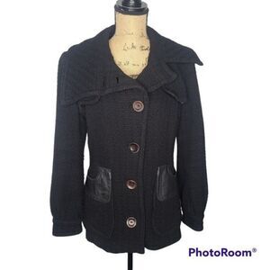 MACKAGE Black Wool With Leather Trim Woman's Peacoat size Large